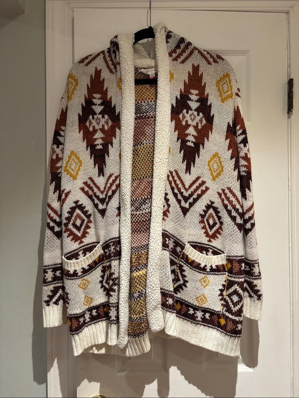 No Boundaries Aztec Hooded Open-Front Cardigan - Cream, Brown & Yellow